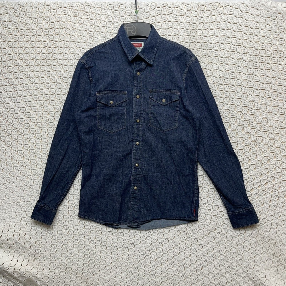 Wrangler Denim Shirt Men's Size S Blue Long Sleeve Slim Fit Snap Close‎